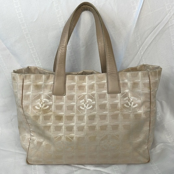 Chanel Travel Line CC Tote Bag Canvas Windowpane Shopper Beige Cream - Picture 1 of 17